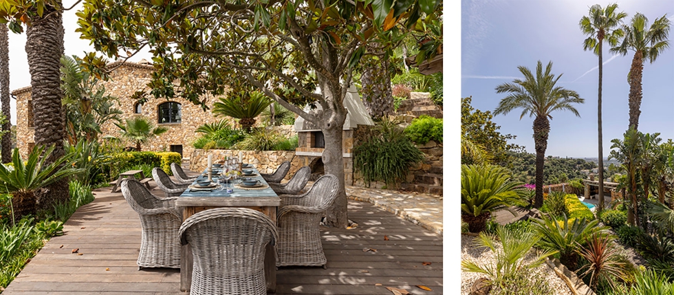 A la izquierda el comedor con barbacoa y a la derecha la zona ajardinada fruto de un estudio de paisajismo