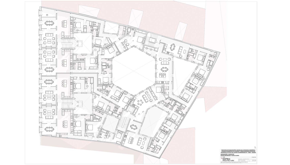 Plano tipo de una de las plantas de viviendas de este edificio regio de ms de 9.000 m2. Foto: Gaztelu Arquitectura...
