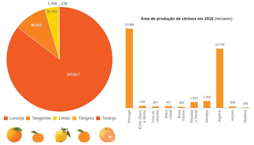 Figura 1 � Quantidade (toneladas) de citrinos produzidos (a), e �rea (hectares) de produ��o (b), em Portugal no ano de 2018...
