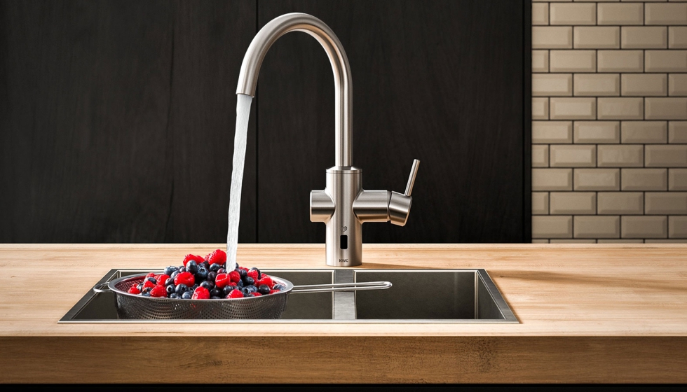 El nuevo grifo monomando h�brido F5 permite abrir y ajustar la temperatura con la palanca o activar el agua sin contacto mediante un gesto frente al...