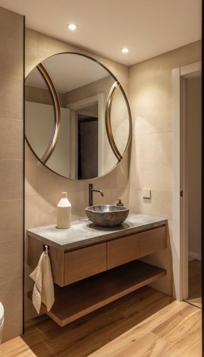 Mueble lavabo, diseado por el estudio en chapa de roble tintada con encimera porcelnico Fior Di Bosco Techlam y lavamanos de piedra de ro...