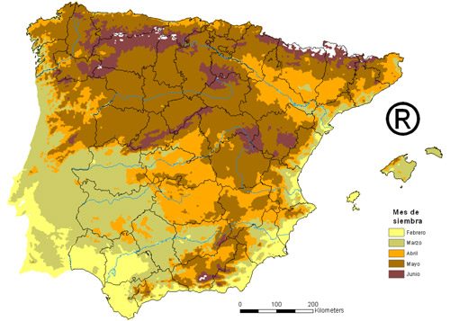 Figura 1: Fecha propicia de siembra del cultivo del maz en Espaa. Mapa elaborado por ITAP con datos de AETMET