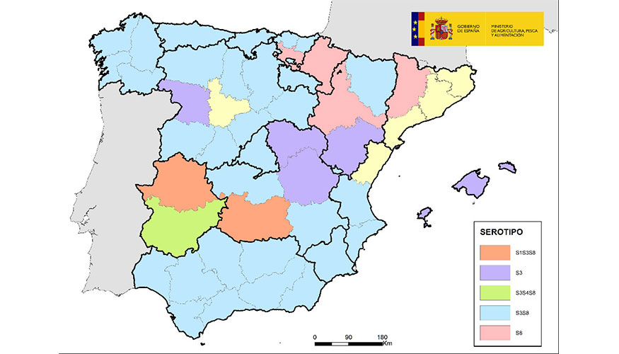 Presencia de los serotipos de la lengua azul en las diferentes provincias de Espaa. Fecha de actualizacin: 21/11/2025