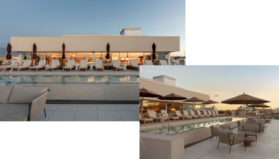 Restaurante y terraza-solrium con vistas al mar, grandes ventanales, mobiliario en madera y mrmol, y piscina desbordante con plataforma elevada...