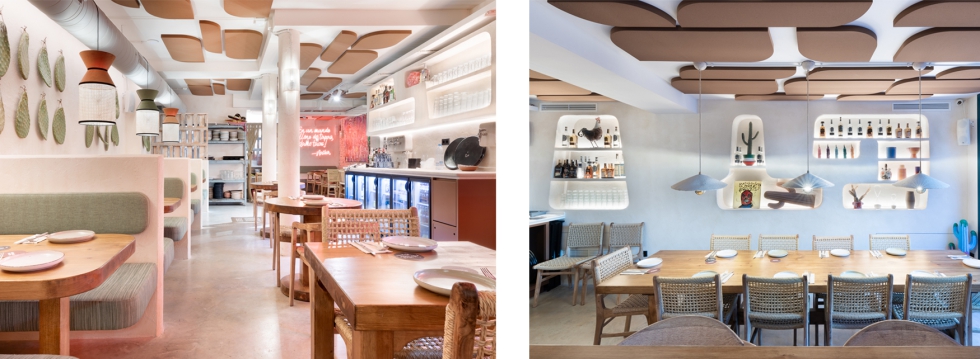 La zona de comedor tiene mobiliario de madera y sillas trenzadas...