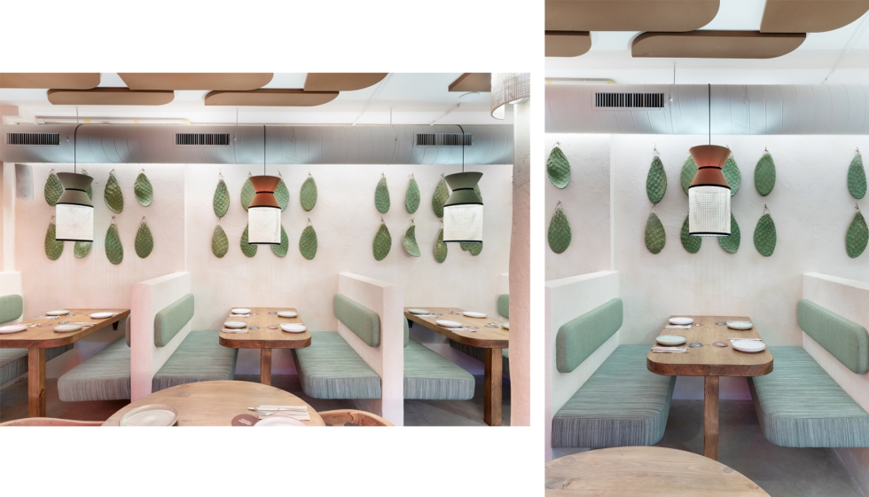 Sala del restaurante se presenta con un recorrido fluido, booths y mesas redondas; paneles acsticos en terracota, lmparas de mimbre y terciopelo...