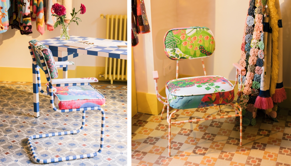 Silla Puck Random fabricada en tubo de hierro macizo y tapizada con un tejido de estampado floral (56 cm de ancho, 48 cm de fondo y 85 cm de altura)...