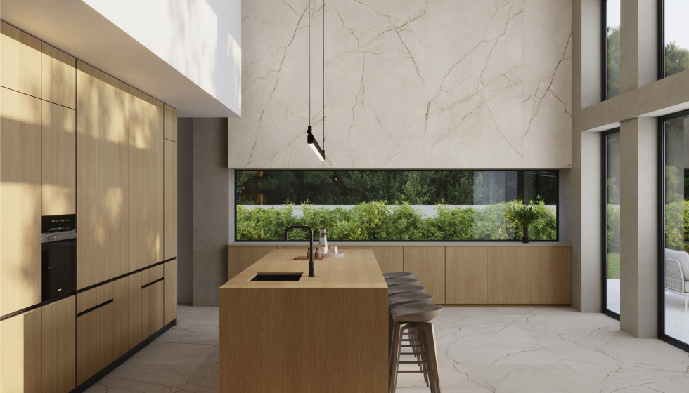 Los tonos marfil del mrmol Avorio di Segesta generan una superficie clida y homognea, donde la veta dorada se percibe como una huella...