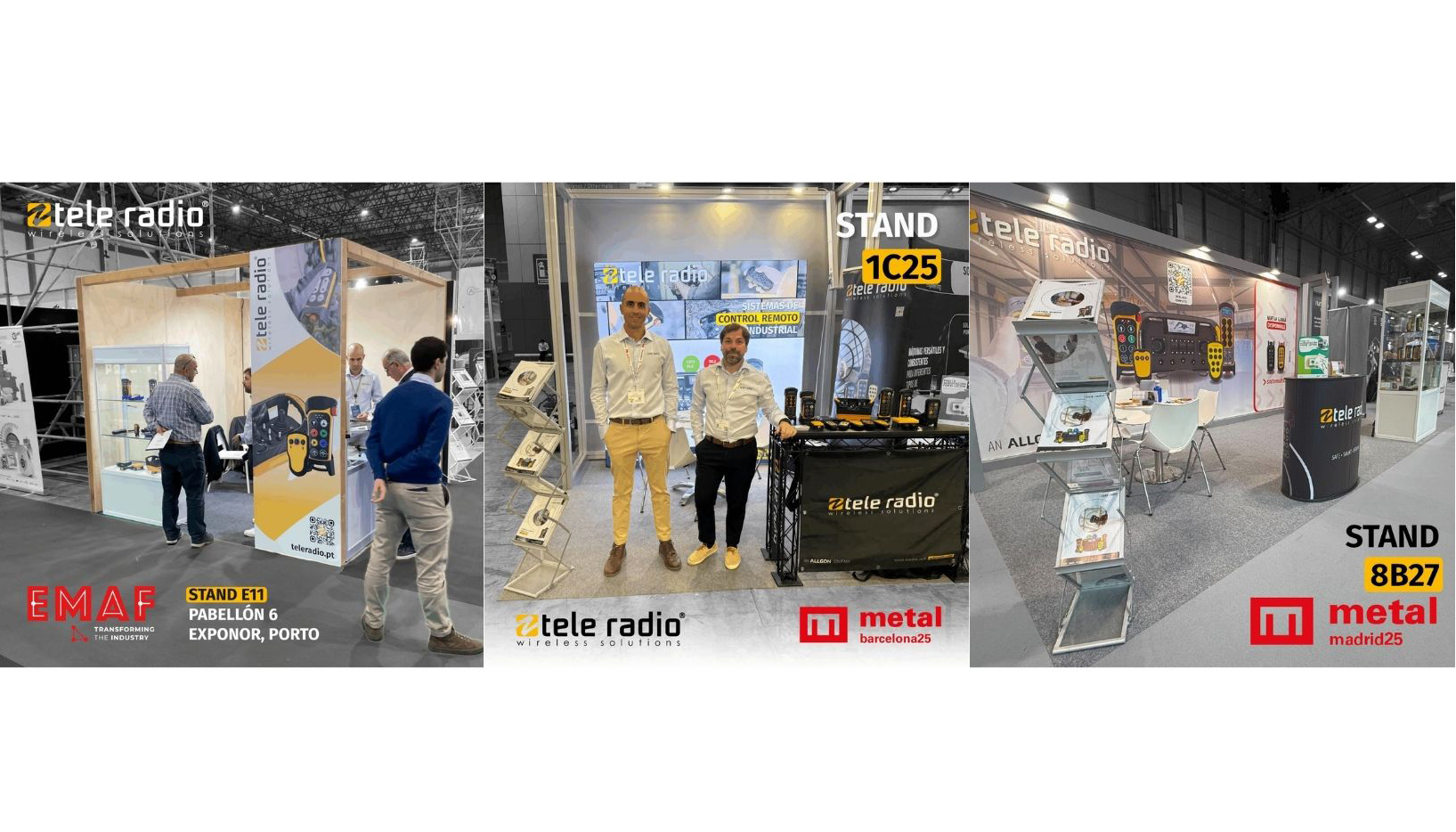 De izquierda a derecha, los stands de EMAF 2025, Metal Barcelona 2025 y Metal Madrid 2025