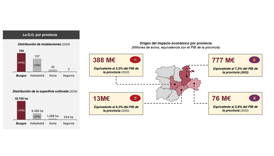 La actividad vitivincola de la DO Ribera del Duero se concentra mayoritariamente en Burgos y Valladolid...