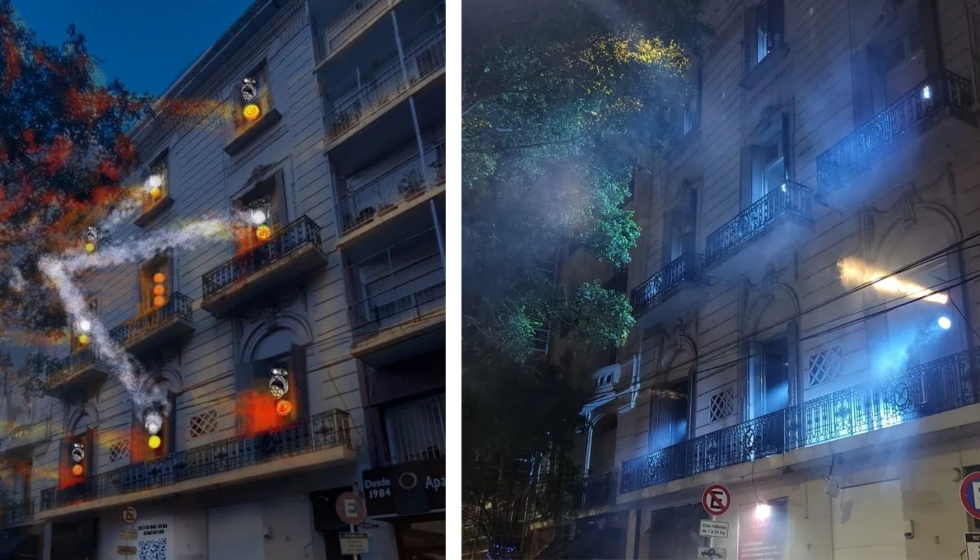 A la derecha, boceto de un portal dimensional creado por la Lighting Designer; y a la izquierda el diseo lumnico en el plano real...