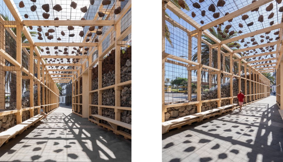 La intervencin, concebida como una seccin geolgica y antropocena construida con madera...