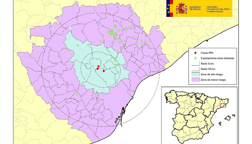 Radio de 20 kilmetros alrededor de los focos de peste porcina africana. Fuente: Ministerio de Agricultura, Pesca y Alimentacin (MAPA)...