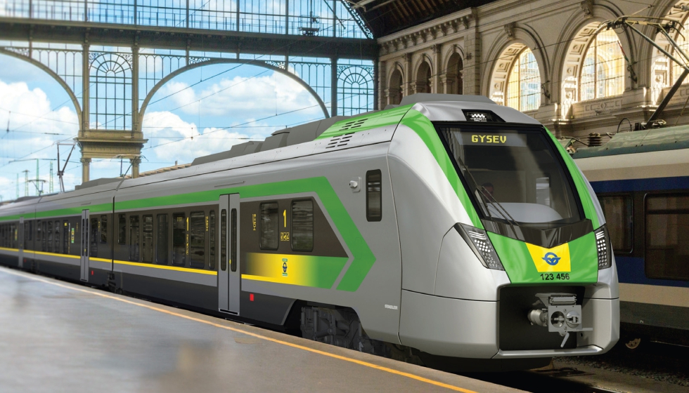 Vista frontal de la carrocera pintada para los trenes InterCity FLIRT de GYSEV