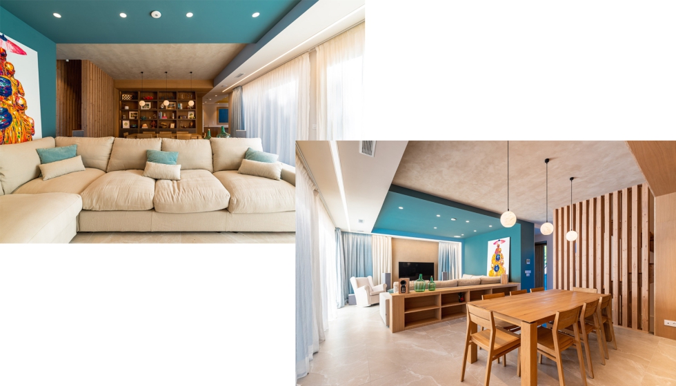 El saln-comedor donde destaca el impresionante sof modular fabricado con materiales veganos (izquierda); mientras que una mesa con sillas de roble...