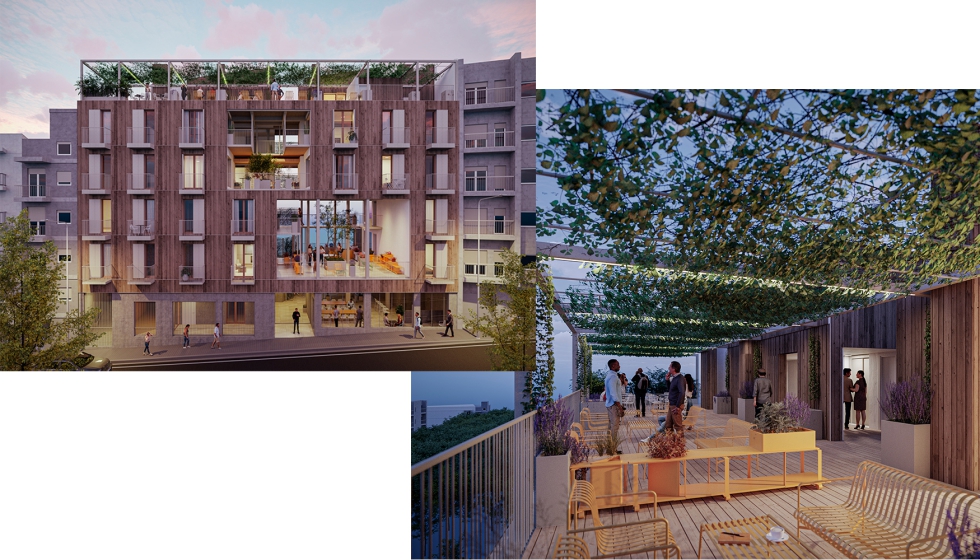 A la izquierda render del alzado de la finca; y a la izquierda cmo sern los espacios comunes de este modelo residencial...