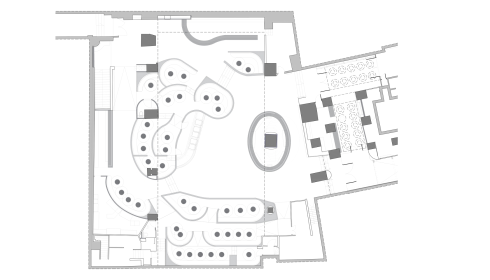 Plano del dise�o interior de este local con las piezas prefabricadas de l�neas curvas que destacan en el proyecto