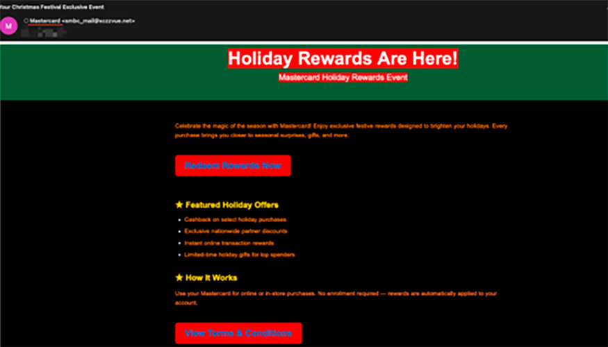 Ejemplo de falsa recompensa navide�a que utiliza un nombre de usuario falso para suplantar a Mastercard