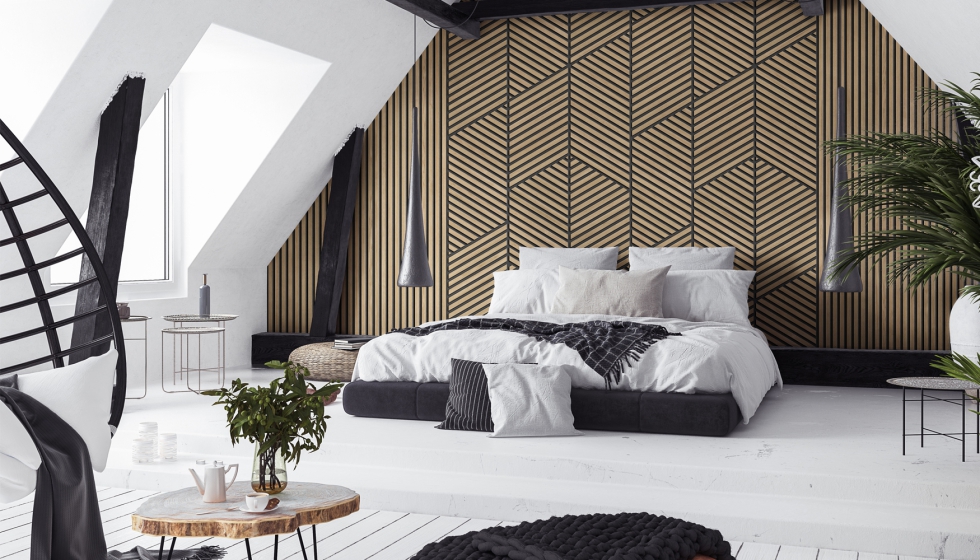 Dormitorio decorados con los nuevos paneles Linio Graphic Light Oak de Grosfillex