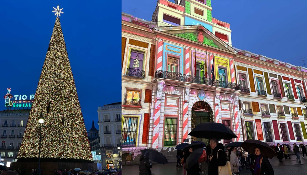 A la izquierda el espectacular �rbol de Navidad en Sol y a la derecha el v�deo mapping del edificio de Puerta del Sol