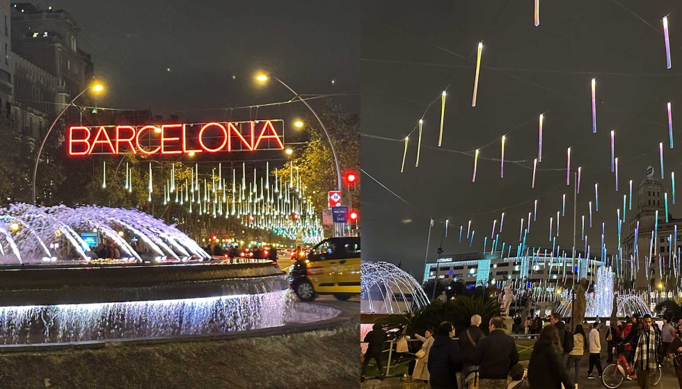 A la izquierda, la se�al�tica Barcelona en la Gran V�a; y a la derecha la iluminaci�n de Pla�a Catalunya