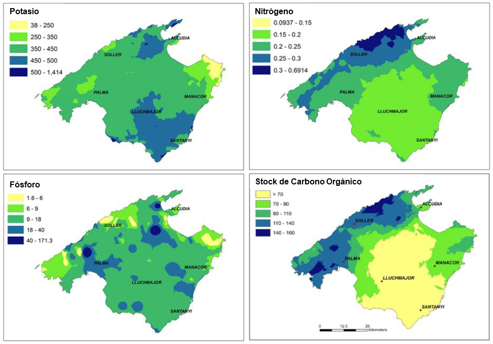 Figura 1. Mapas de distribuci�n de nutrientes y carbono org�nico del suelo en la isla de Mallorca