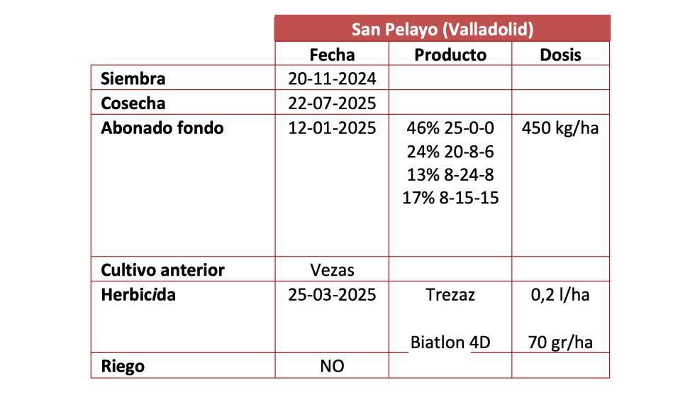 Tabla 12. Resultados del ensayo de nuevas variedades de trigo duro en la localidad de San Pelayo (Valladolid)