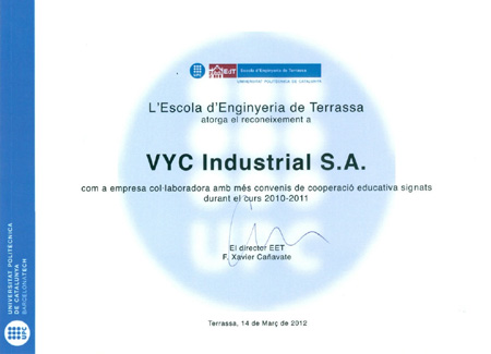 Diploma otorgado a VYC Industrial