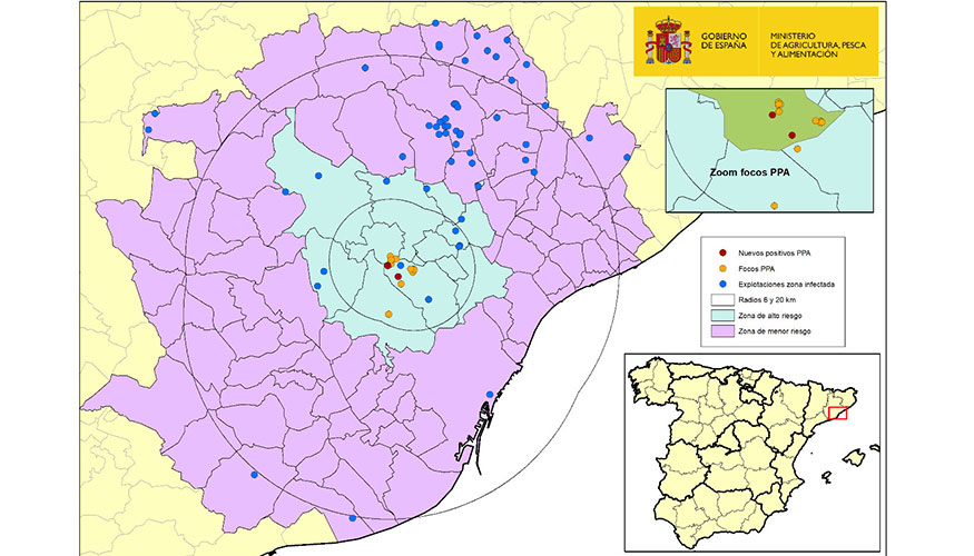 Mapa de localizaci�n de los 13 focos en jabal�es silvestres y de las explotaciones de porcino localizadas dentro de la zona infectada...