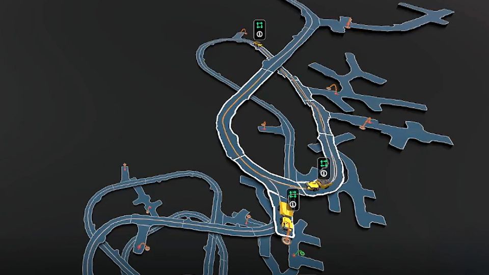 A imagem da Deep Automation mostra v�rios cami�es de mina automatizados, incluindo uma manobra de encontro e ultrapassagem...