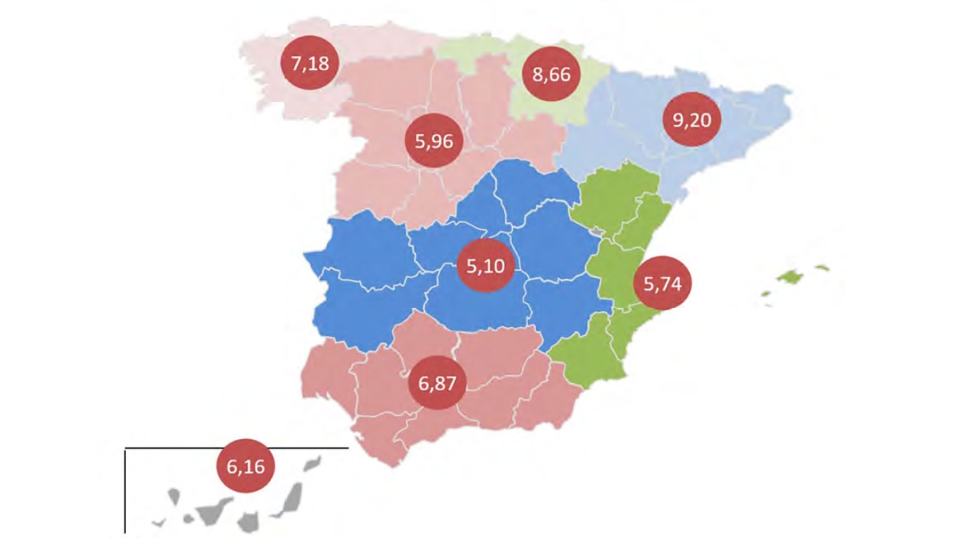 Compras de vino per c�pita por regiones. Panel de consumo alimentario del MAPA2024