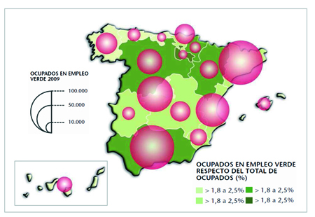 Empleo verde en Espaa por distribucin geogrfica (Fuente: Fund. Frum Ambiental)