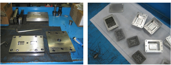 Figura 1. Imgenes de la construccin del molde: distintas placas del molde (izquierda), y placa de inyeccin con las dos cavidades para los insertos...