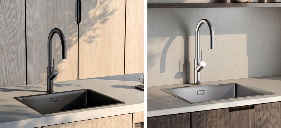 Monomando extra�ble ca�o cisne en los dos acabados: negro mate y cromado de alta calidad