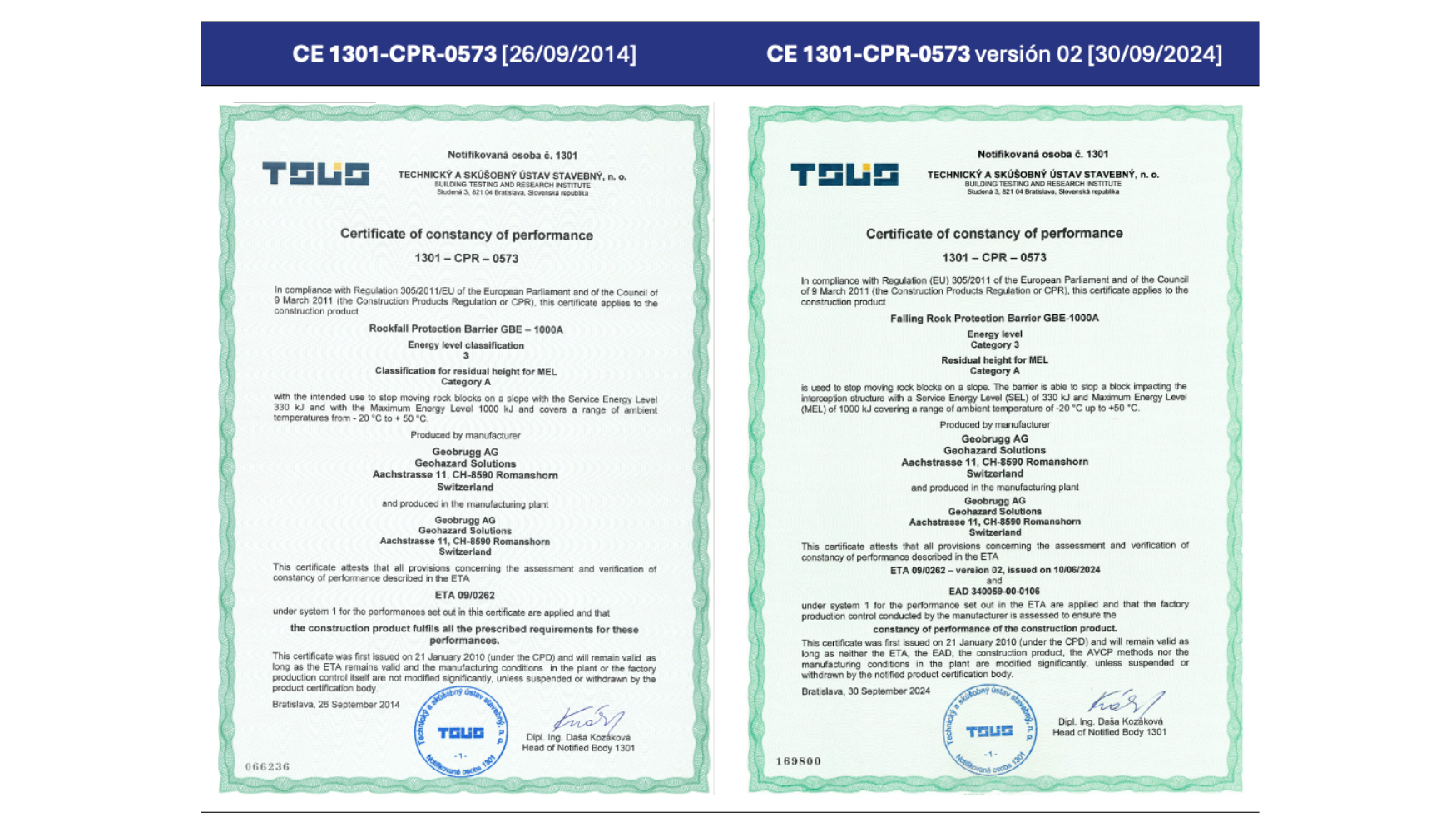 Tabla 4. Persistencia del marcado CE (constancia de prestaciones) para una barrera GBE-1000A (TS�S]
