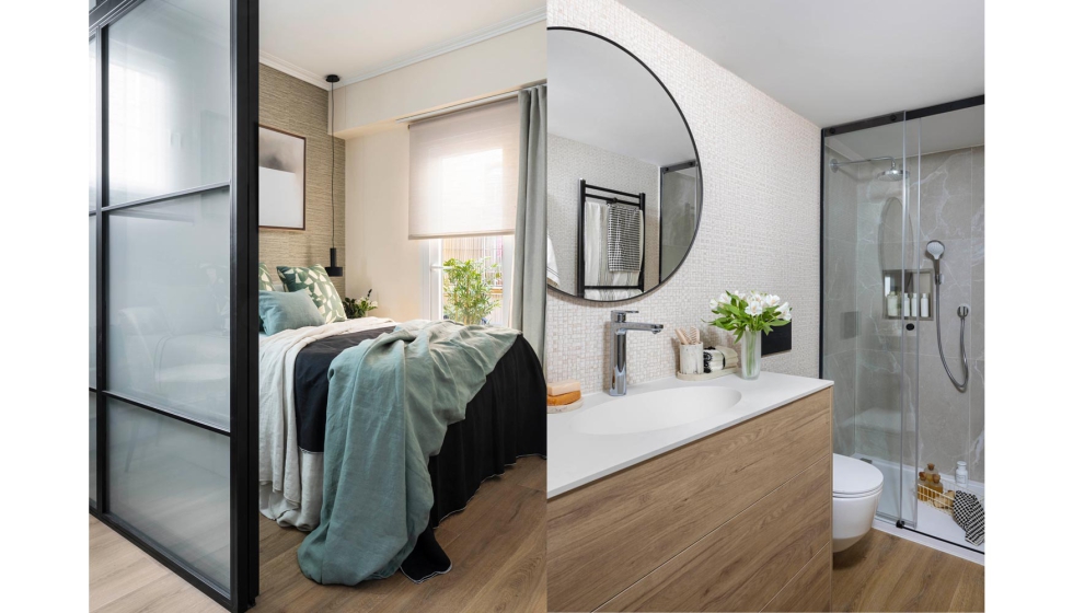 Detalle del dormitorio abierto al patio interior, que proporciona luminosidad a la vivienda, y del ba�o...