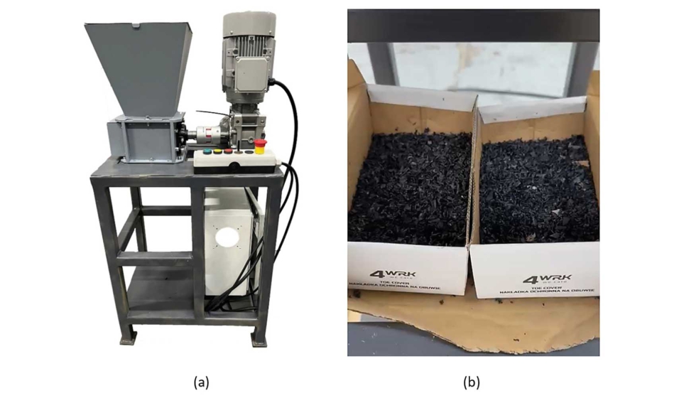Figura 11 � Equipamento de tritura��o desenvolvido (a) e gr�nulos obtidos no seu funcionamento (b)