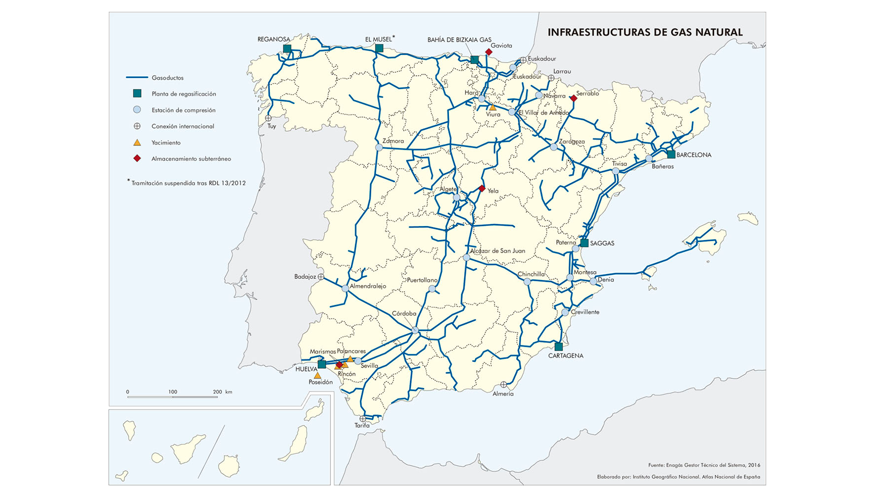 Mapa de infraestructuras de gas natural en 2016