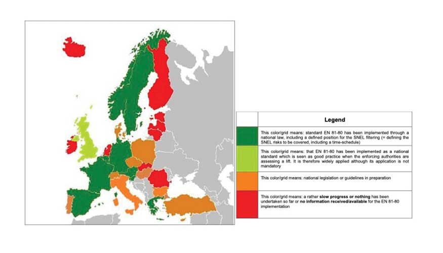 Estado de aplicaci�n de la norma EN 81-80 (SNEL) en la Uni�n Europea. Fuente: Libro Blanco para modernizaci�n de edificios existentes...