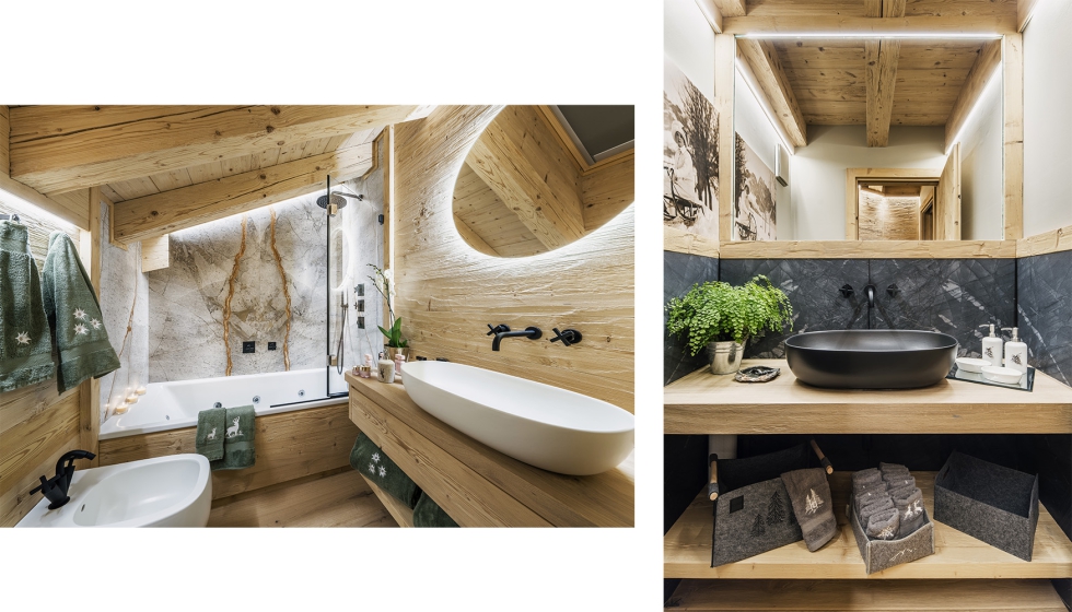 En la zona de ba�os la piedra natural contribuye a caracterizar los espacios privados. Fotos: Bandion