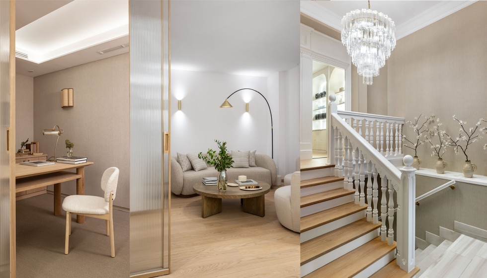 La paleta de materiales combina arenas, piedra, blanco roto, madera natural y acentos dorados...