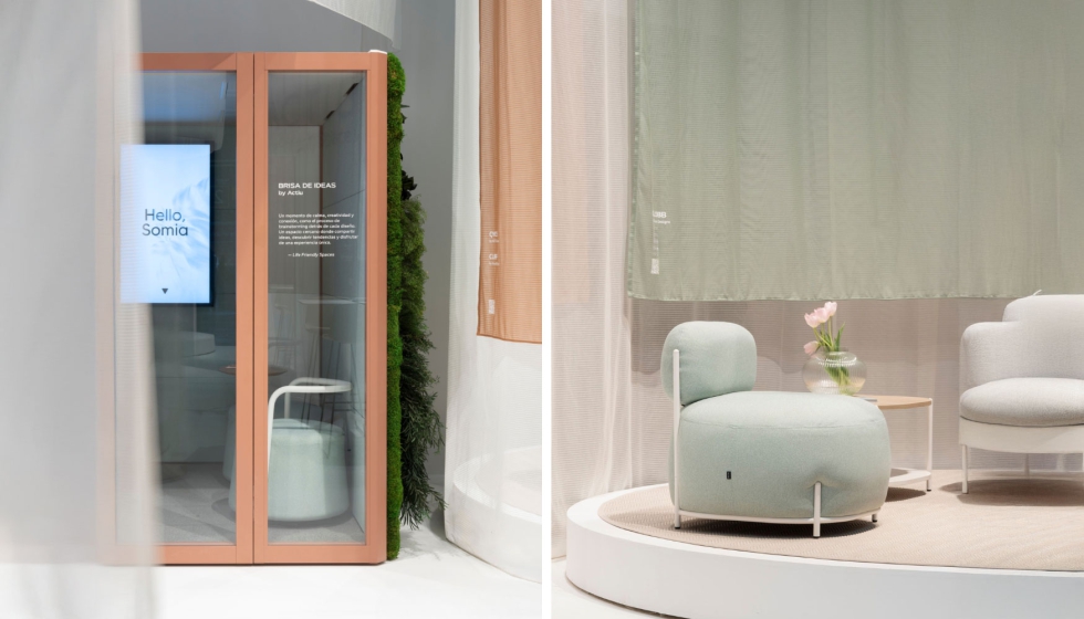 Sistemas de aislamiento y confort, como las cabinas Qyos o el mobiliario soft-seating de las colecciones Folia y Cuff...