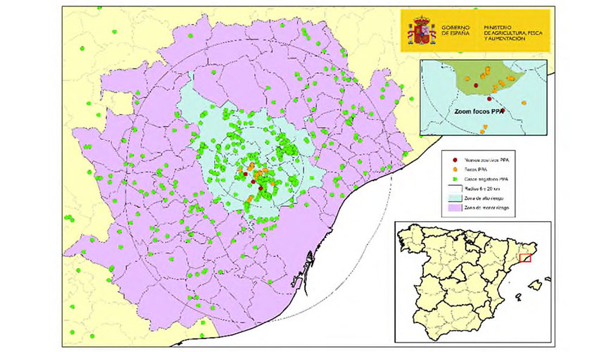 Localizaci�n de los 23 focos en jabal�es silvestres y de los jabal�es capturados o hallados muertos negativos detectados en Catalu�a. Fuente: MAPA...