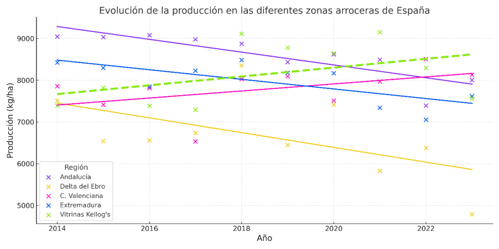 Figura 6. Evoluci�n de la producci�n de arroz (kg/ha) en las principales zonas arroceras de Espa�a entre 2014 y 2023...