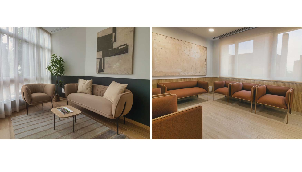 En las zonas de espera, los tejidos seleccionados suavizan la entrada de luz y complementan la paleta neutra y las texturas naturales del mobiliario...