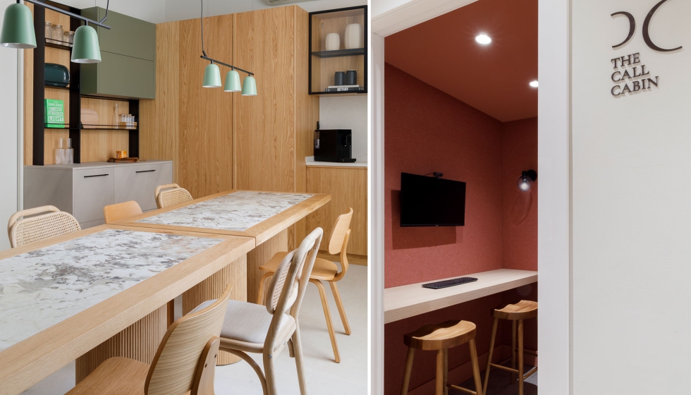 Espacio para hacer los descansos del coffee break y una 'call cabin' para llamadas, videollamadas o reuniones breves que requieren confidencialidad...
