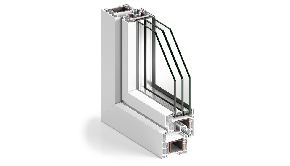 Sistema avanzado de ventanas y puertas abatibles de PVC, con una profundidad de marco de 76 mm y disponible en versiones de hoja recta o semienrasada...