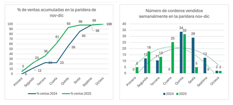 Gr�ficos 2 y 3. Distribuci�n de las ventas de corderos en las parideras de nov-dic de 2024 y 2025
