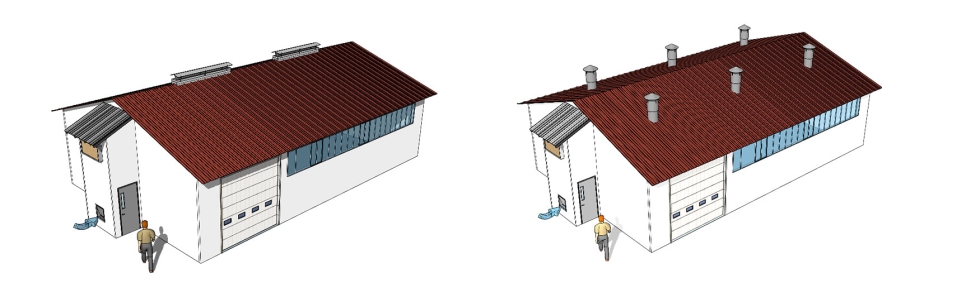 Esquema 1. Dos modelos de salas nodrizas con el sistema LUBRATEC y ventilaci�n vertical por caballetes o chimeneas...