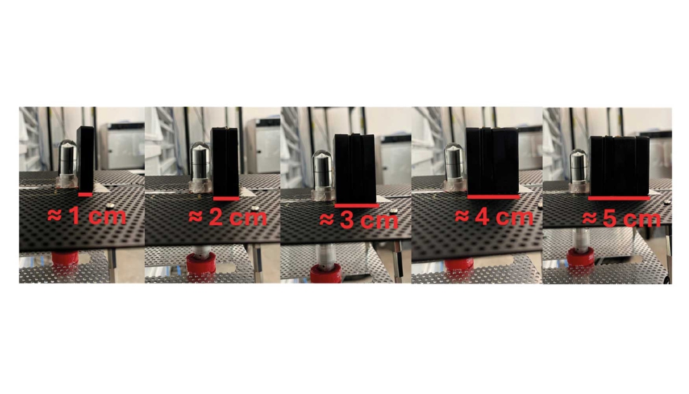 Figura 5. Muestras superpuestas de material compuesto delante de la c�mara de ionizaci�n. De una muestra a cinco muestras, de izquierda a derecha...